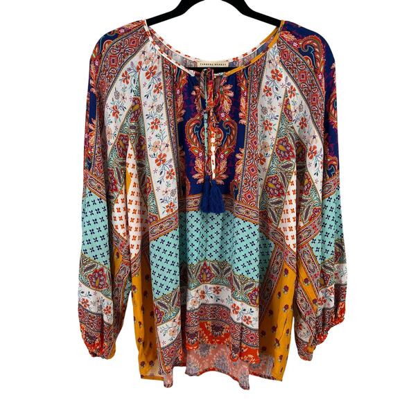 Farmer's Market Paisley Patchwork Print Peasant Shirt Plus Size 1X Orange Blue - Picture 1 of 6